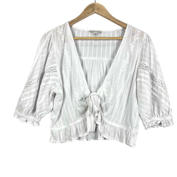 American Eagle V-Neck Gauzy Lace Tie-Front White Blouse Top BOHO L - Picture 3 of 14